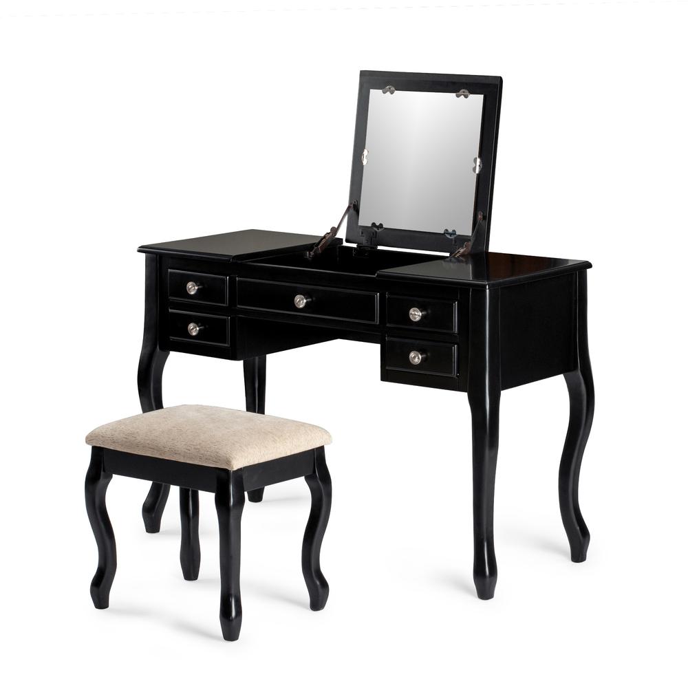 Poundex Wooden Makeup Vanity Set Desk, Mirror and Stool - Black, 43" W x 18" D x 30" up-to 47" H, Package Weight 80. Picture 1