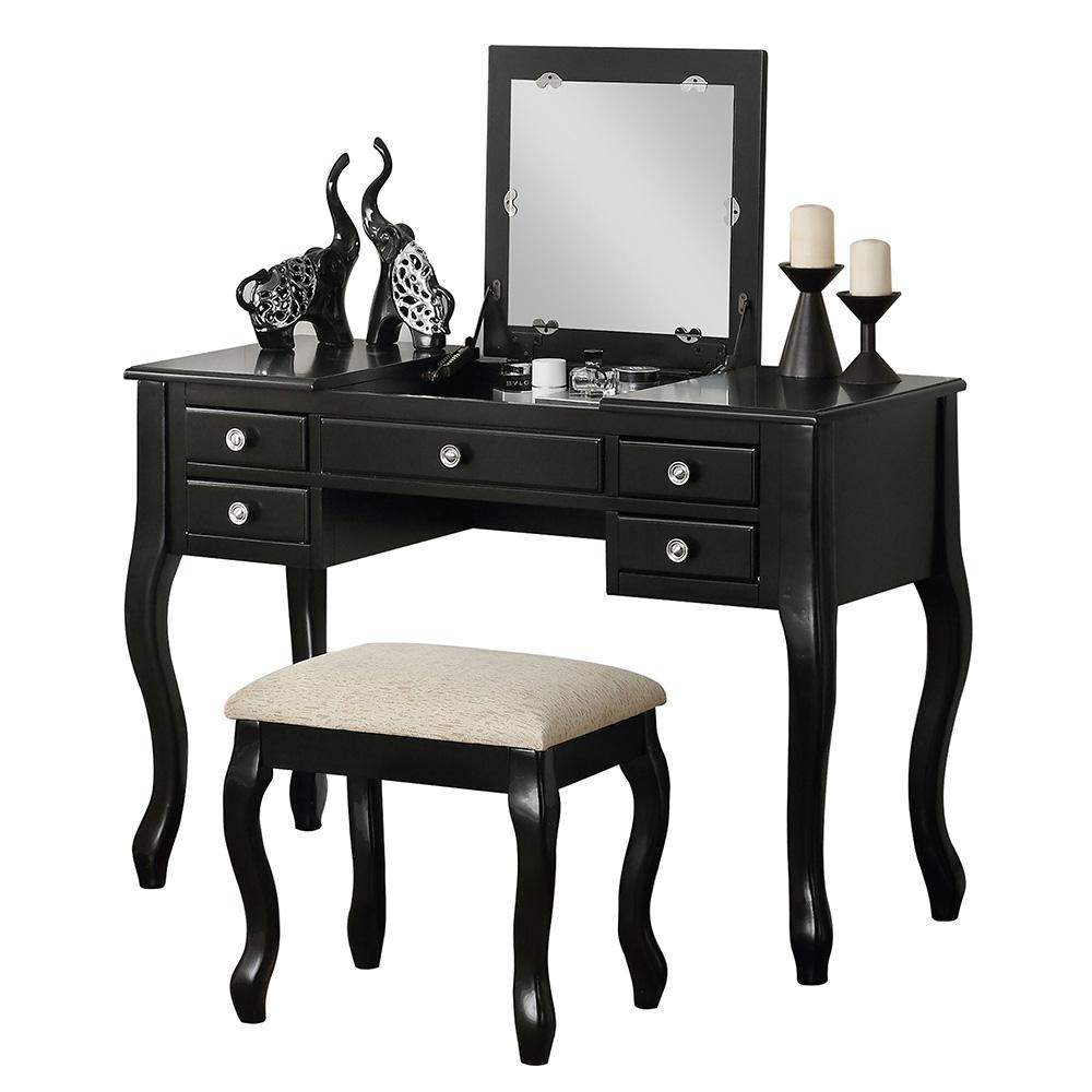 Poundex Wooden Makeup Vanity Set Desk, Mirror and Stool - Black, 43" W x 18" D x 30" up-to 47" H, Package Weight 80. Picture 5