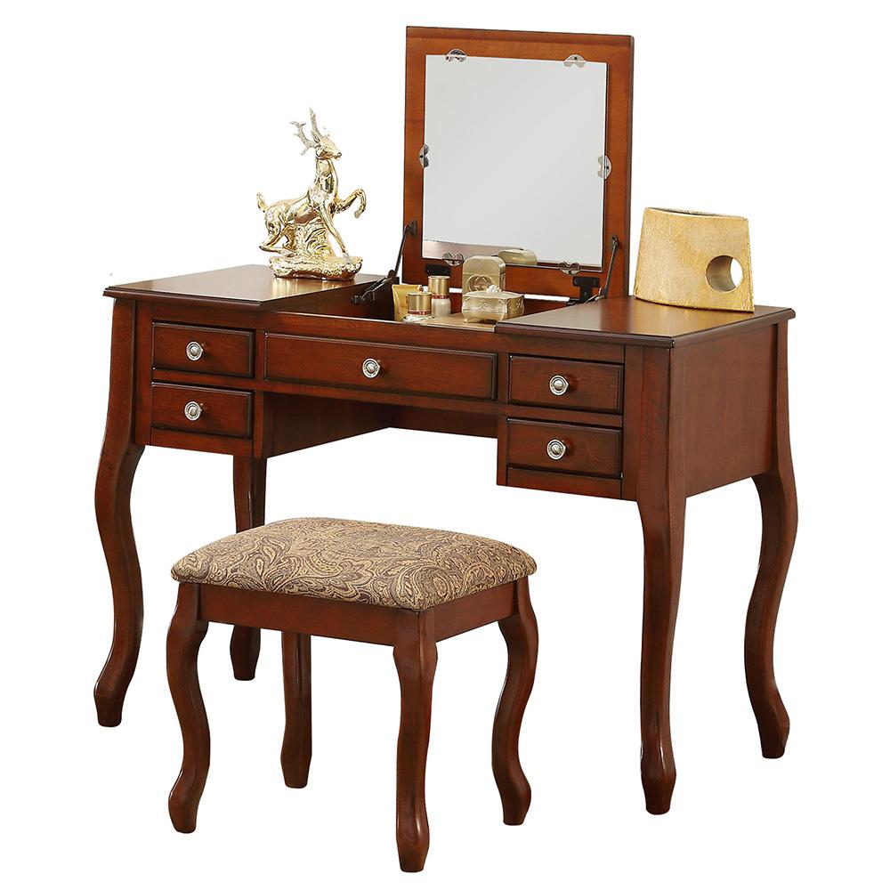Poundex Wooden Makeup Vanity Set Desk, Mirror and Stool - Cherry, 43" W x 18" D x 30" up-to 47" H, Package Weight 80. Picture 1