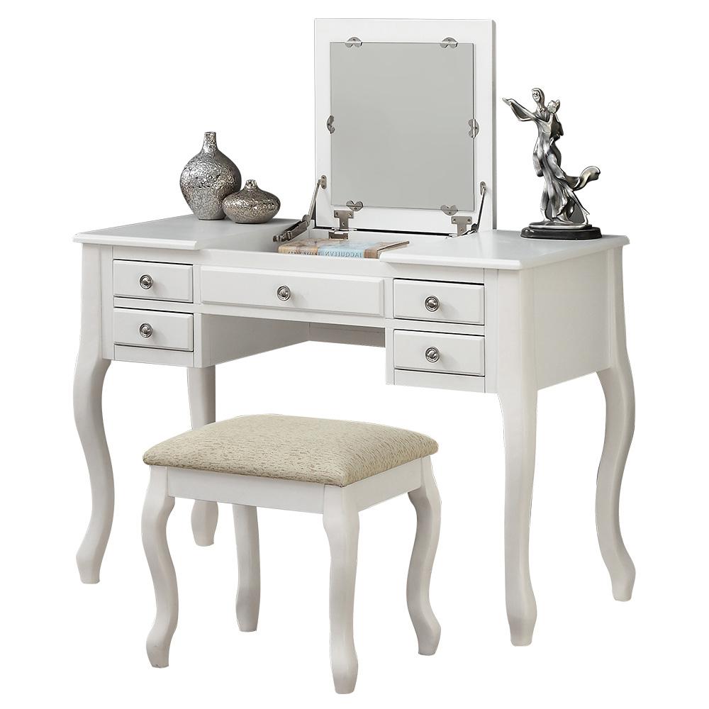 Poundex Wooden Makeup Vanity Set Desk, Mirror and Stool - White, 43" W x 18" D x 30" up-to 47" H, Package Weight 80. Picture 1