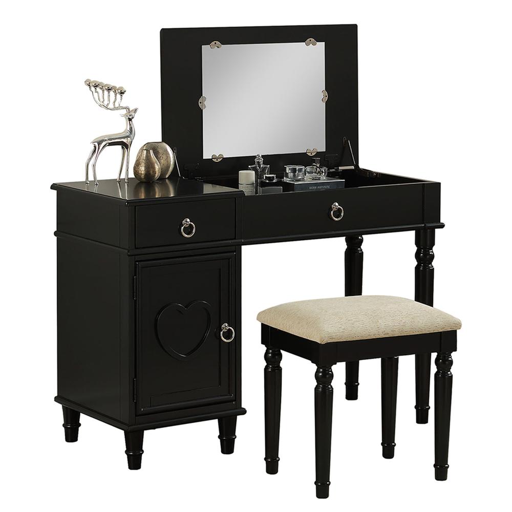 Poundex Wooden Makeup Vanity Set Desk, Mirror and Stool - Black, 43" W x 18" D x 30" up-to 47" H, Package Weight 90. Picture 1