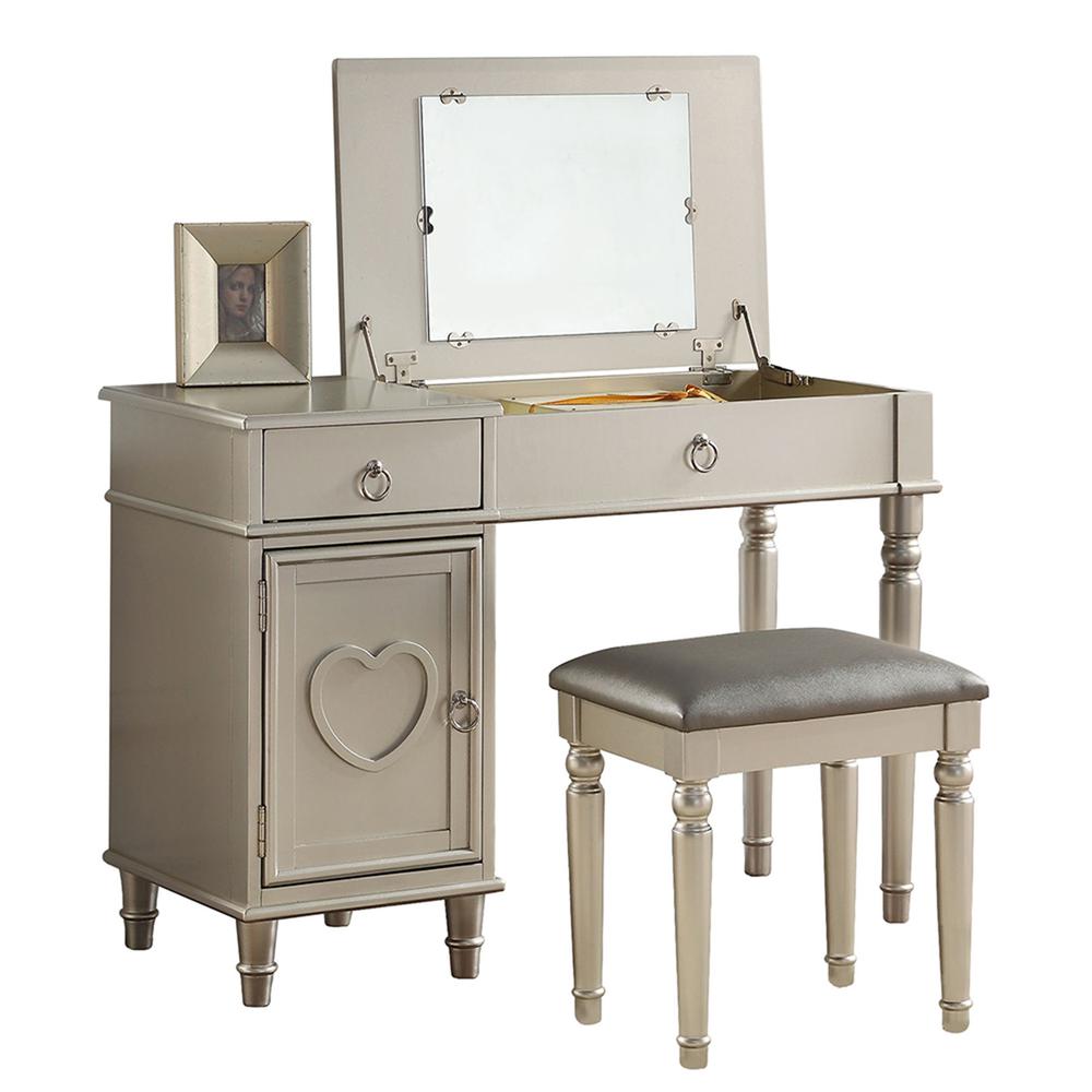 Poundex Wooden Makeup Vanity Set Desk, Mirror and Stool - Silver, 43" W x 18" D x 30" up-to 47" H, Package Weight 90. Picture 1