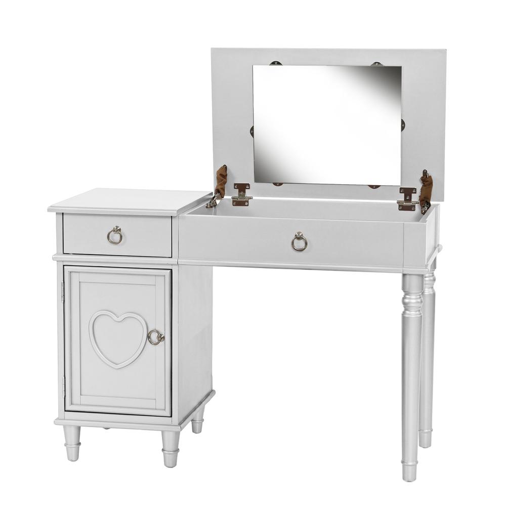 Poundex Wooden Makeup Vanity Set Desk, Mirror and Stool - White, 43" W x 18" D x 30" up-to 47" H, Package Weight 90. Picture 1