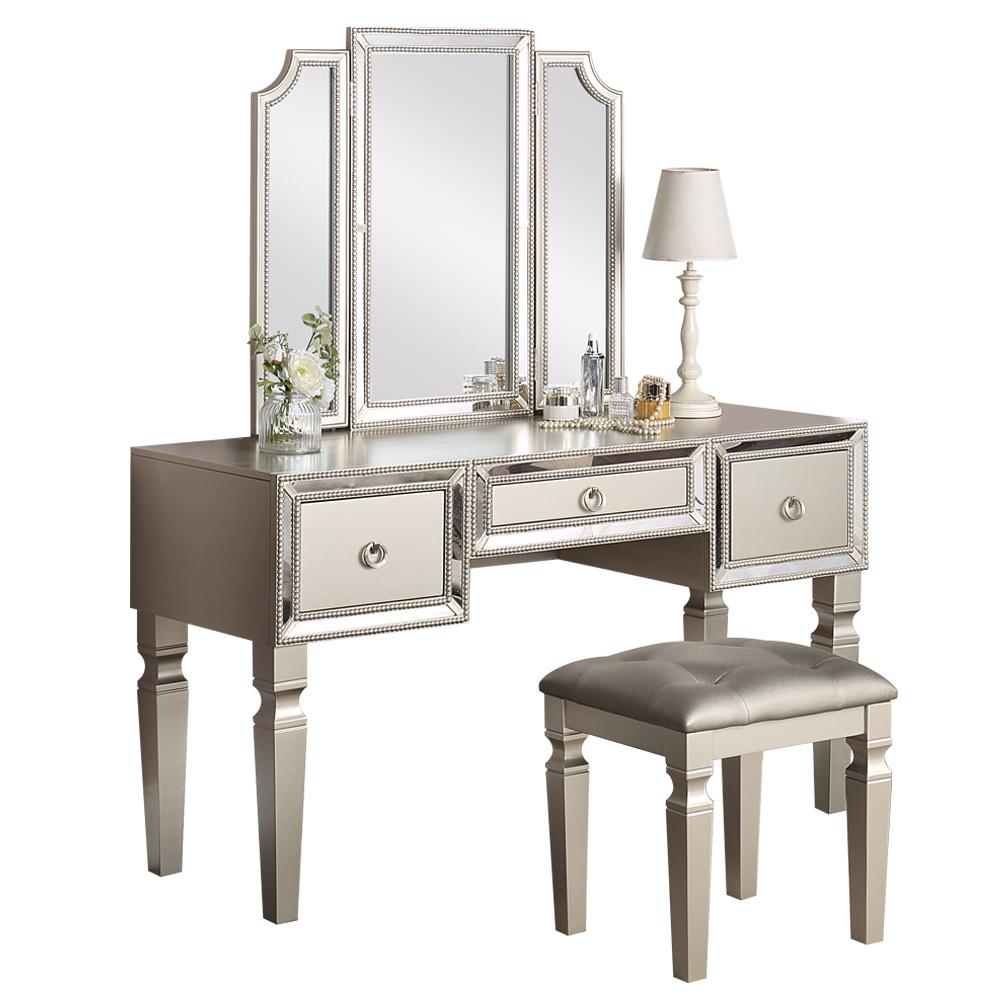 Poundex Wooden Makeup Vanity Set with Tri-fold Mirror and Stool - Silver, 54" W x 19" D x 60" H, Package Weight 114. Picture 1