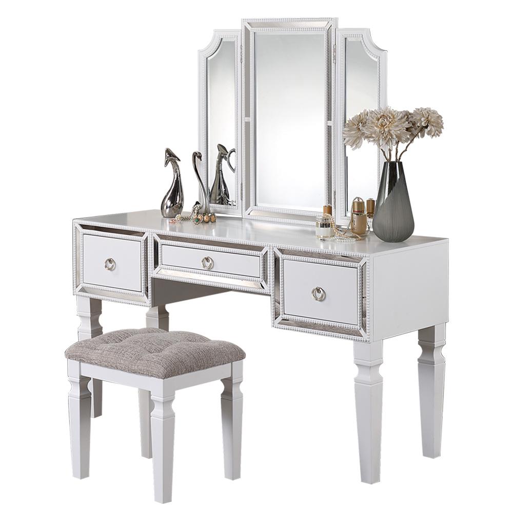 Poundex Wooden Makeup Vanity Set with Tri-fold Mirror and Stool - White, 54" W x 19" D x 60" H, Package Weight 114. Picture 1