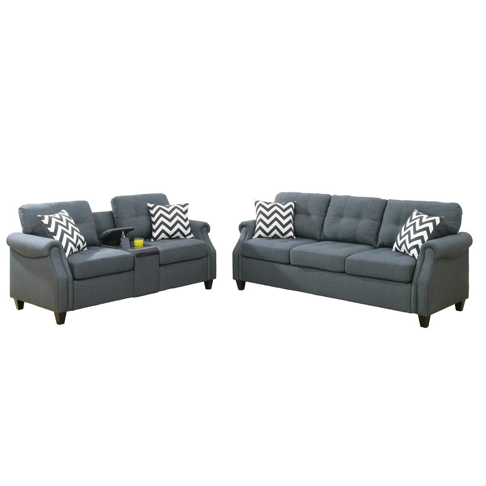 Poundex 2 Piece Fabric Sofa Set with USB Console in Blue Gray, Sofa: 84" W x 33" D x 36" H, Loveseat with USB Console: 72" W x 33" D x 36" H, Package Weight 129. Picture 1
