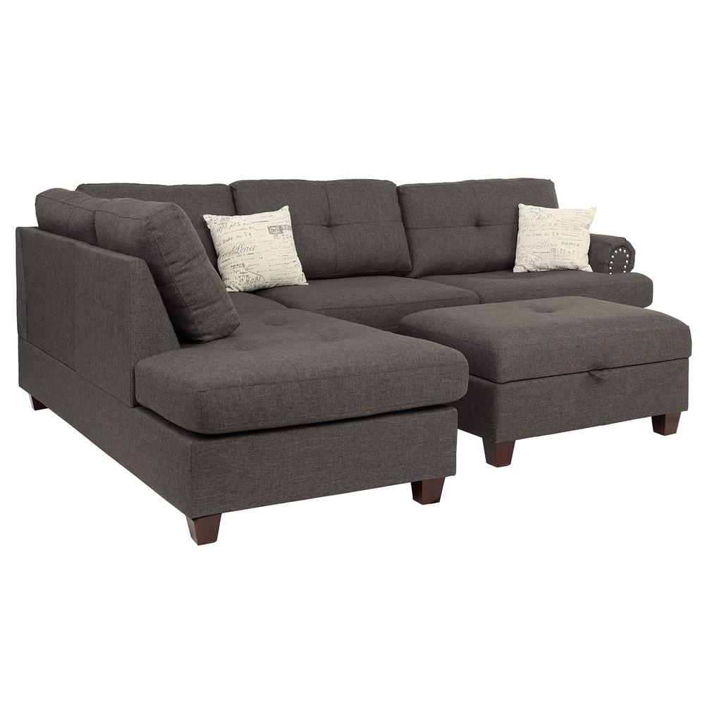 Poundex 3 Piece Fabric Sectional Set with Storage Ottoman in Black, 107" W x 75" D x 35" H, Package Weight 100. Picture 2