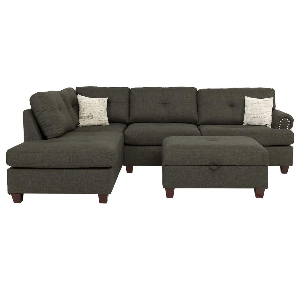 Poundex 3 Piece Fabric Sectional Set with Storage Ottoman in Black, 107" W x 75" D x 35" H, Package Weight 100. Picture 3