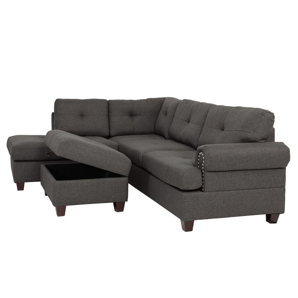 Poundex 3 Piece Fabric Sectional Set with Storage Ottoman in Black, 107" W x 75" D x 35" H, Package Weight 100. Picture 4