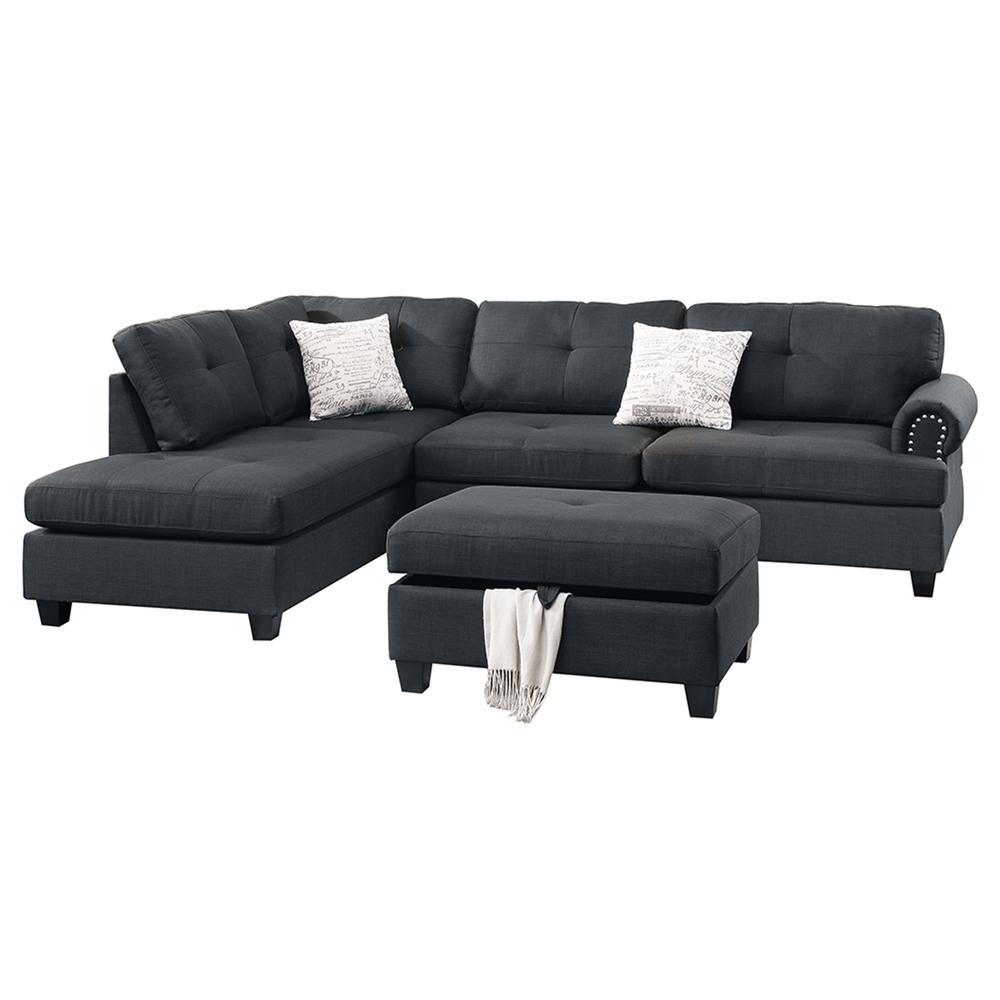 Poundex 3 Piece Fabric Sectional Set with Storage Ottoman in Black, 107" W x 75" D x 35" H, Package Weight 100. The main picture.
