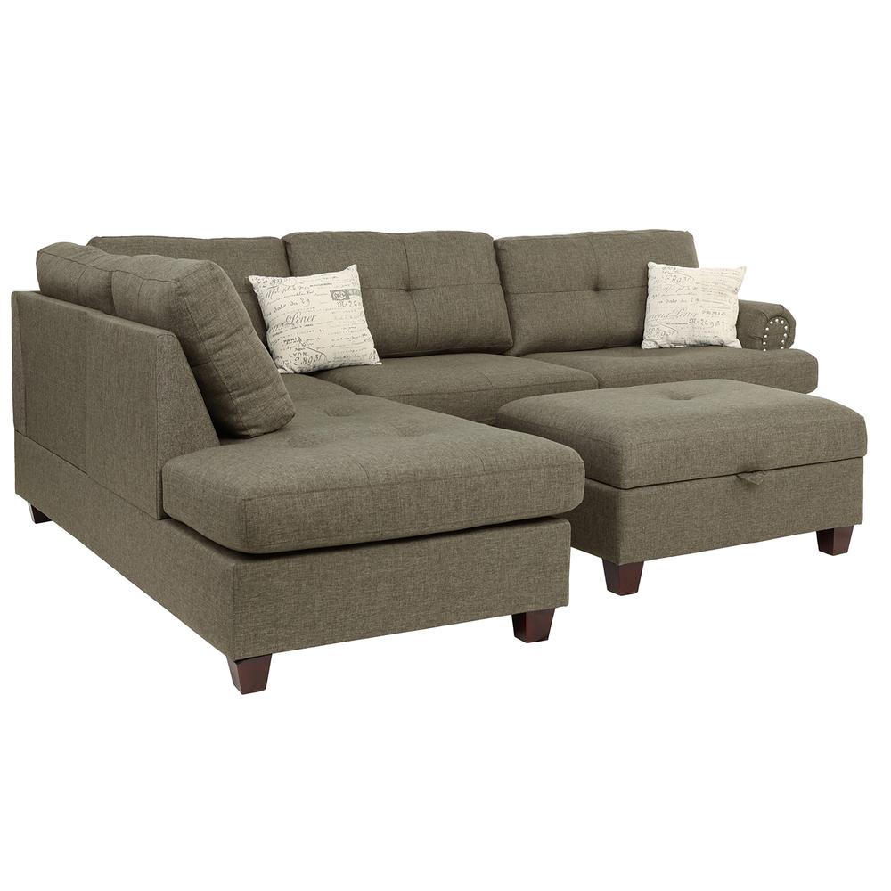 Poundex 3 Piece Fabric Sectional Set with Storage Ottoman in Light Coffee, 107" W x 75" D x 35" H, Package Weight 102. Picture 2