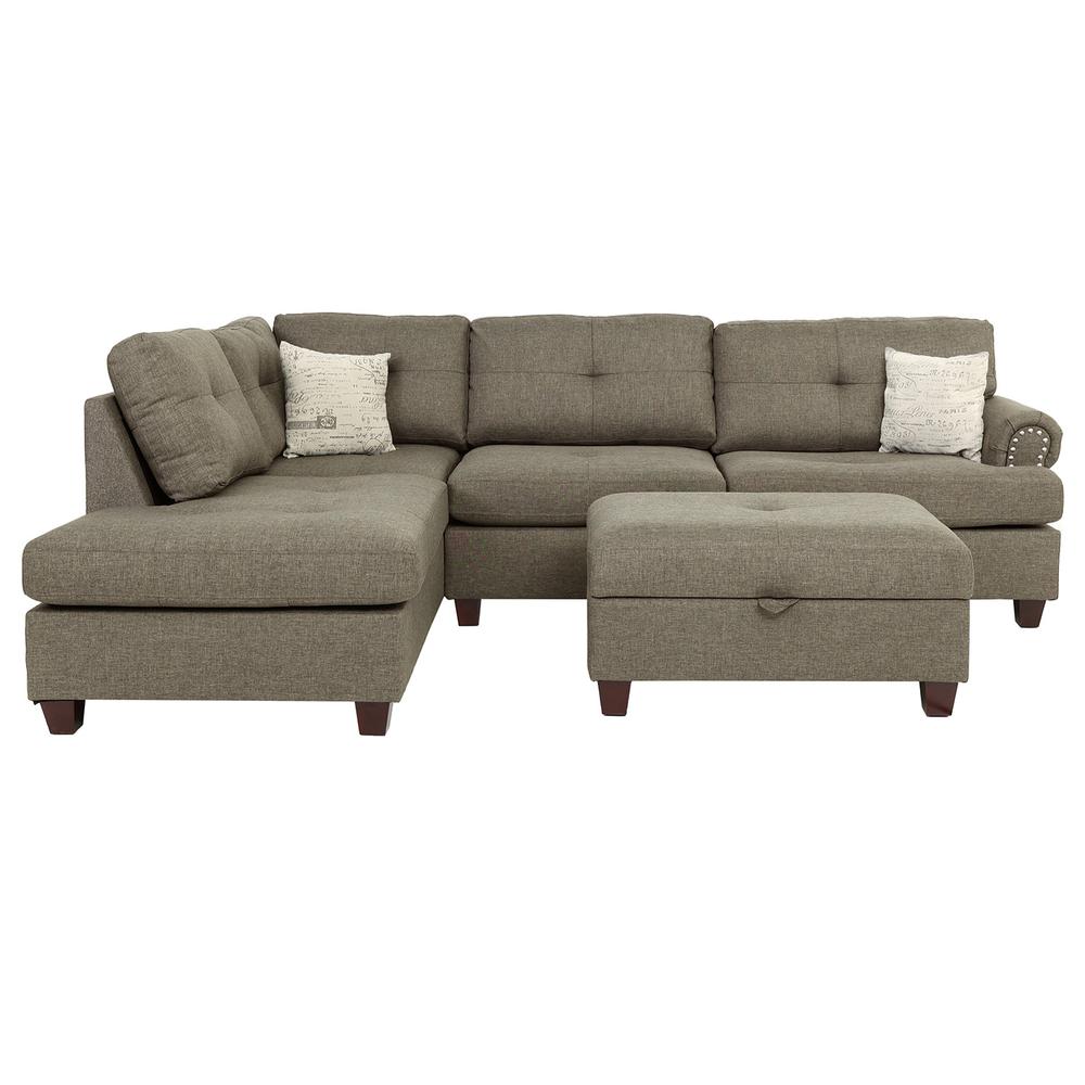 Poundex 3 Piece Fabric Sectional Set with Storage Ottoman in Light Coffee, 107" W x 75" D x 35" H, Package Weight 102. Picture 3