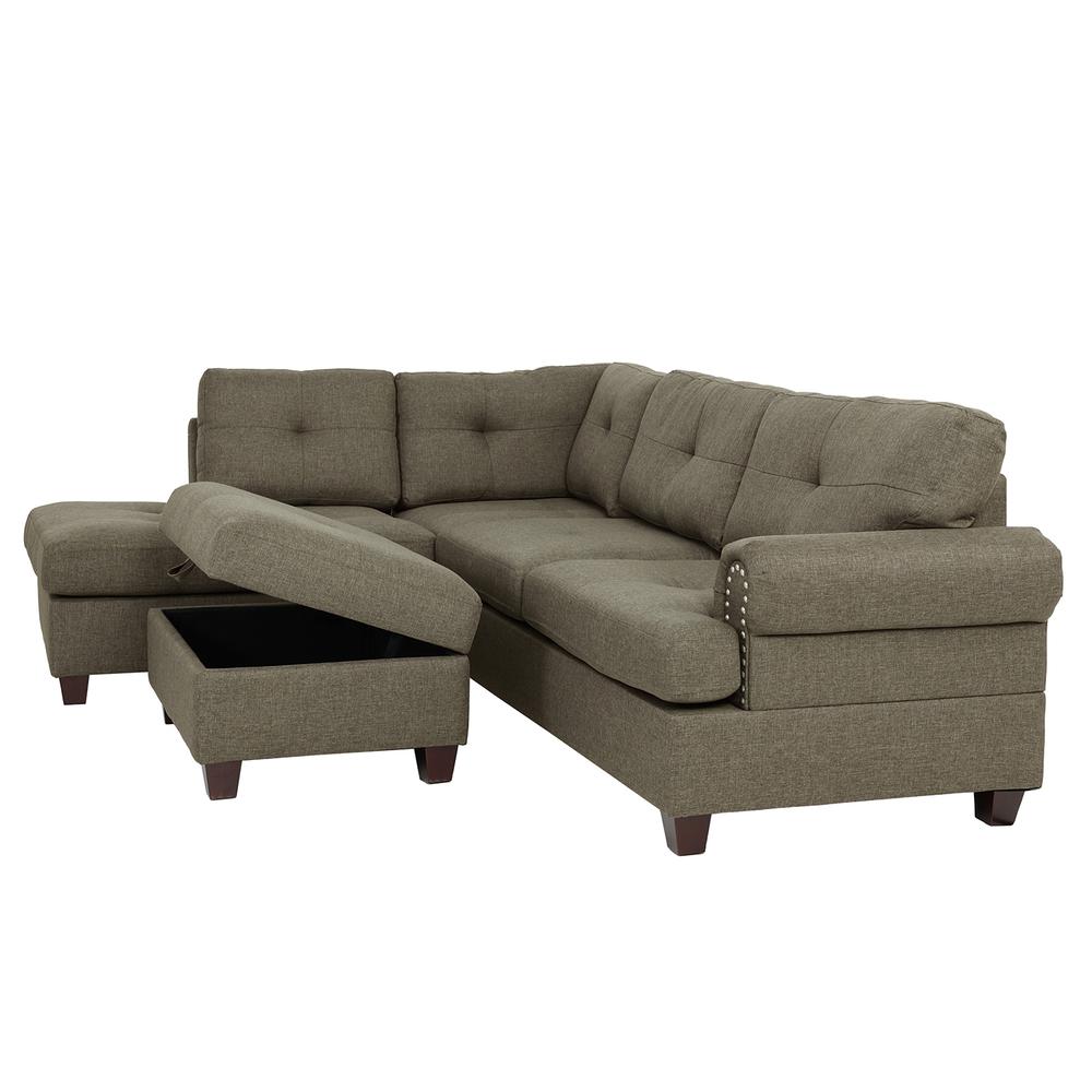 Poundex 3 Piece Fabric Sectional Set with Storage Ottoman in Light Coffee, 107" W x 75" D x 35" H, Package Weight 102. Picture 4