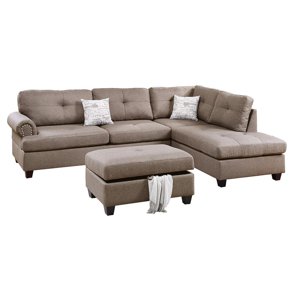 Poundex 3 Piece Fabric Sectional Set with Storage Ottoman in Light Coffee, 107" W x 75" D x 35" H, Package Weight 102. Picture 1
