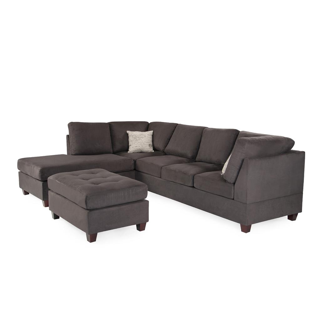 Poundex 3 Piece Fabric Sectional Set with Ottoman in Ebony Gray, 112" W x 84" D x 35" H, Package Weight 95. Picture 2