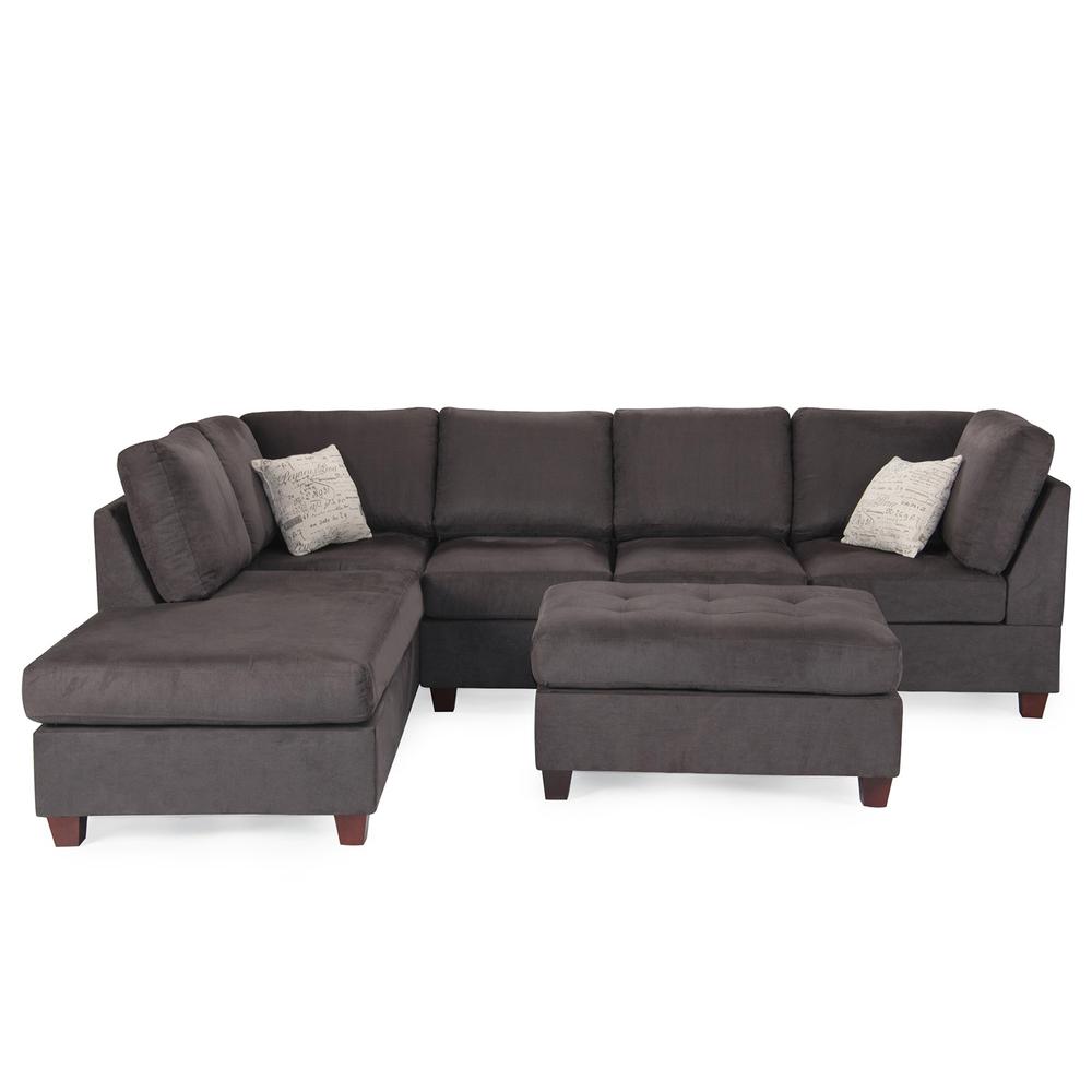 Poundex 3 Piece Fabric Sectional Set with Ottoman in Ebony Gray, 112" W x 84" D x 35" H, Package Weight 95. Picture 1