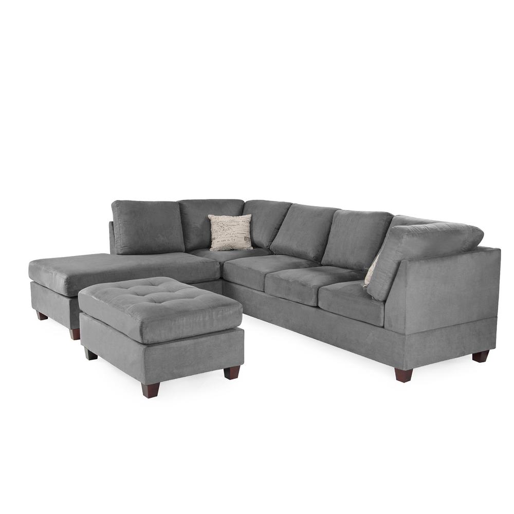 Poundex 3 Piece Fabric Sectional Set with Ottoman in Gray, 112" W x 84" D x 35" H, Package Weight 103. Picture 2