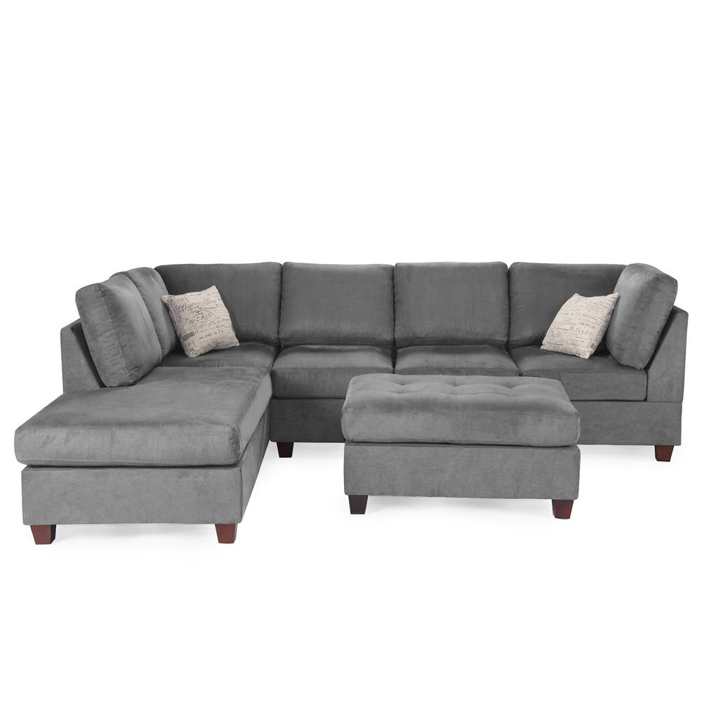 Poundex 3 Piece Fabric Sectional Set with Ottoman in Gray, 112" W x 84" D x 35" H, Package Weight 103. Picture 1