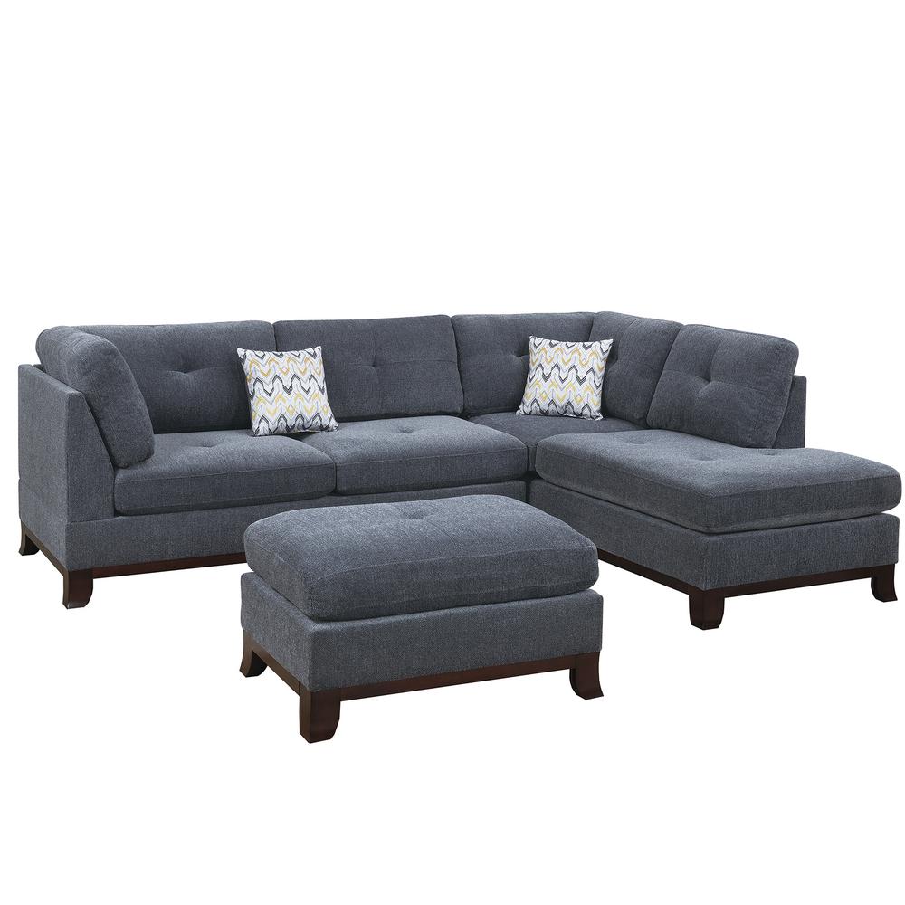 Poundex 3 Piece Fabric Sectional Set with Ottoman in Ash Gray, 104" W x 75" D x 35" H, Package Weight 102. Picture 5
