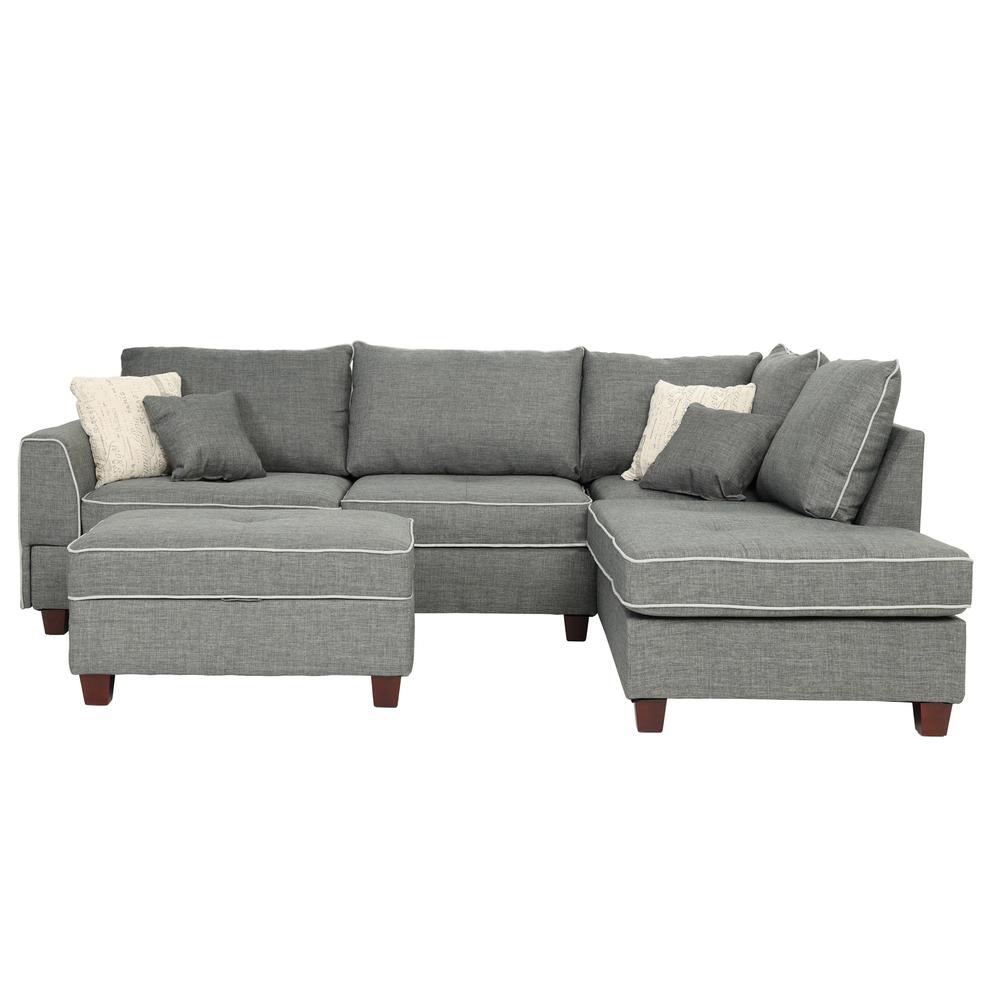 Poundex 3 Piece Fabric Sectional with Storage Ottoman in Steel Gray, 105" W x 75" D x 35" H , Package Weight 100. Picture 2