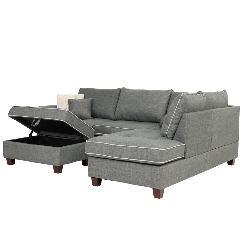 Poundex 3 Piece Fabric Sectional with Storage Ottoman in Steel Gray, 105" W x 75" D x 35" H , Package Weight 100. Picture 3