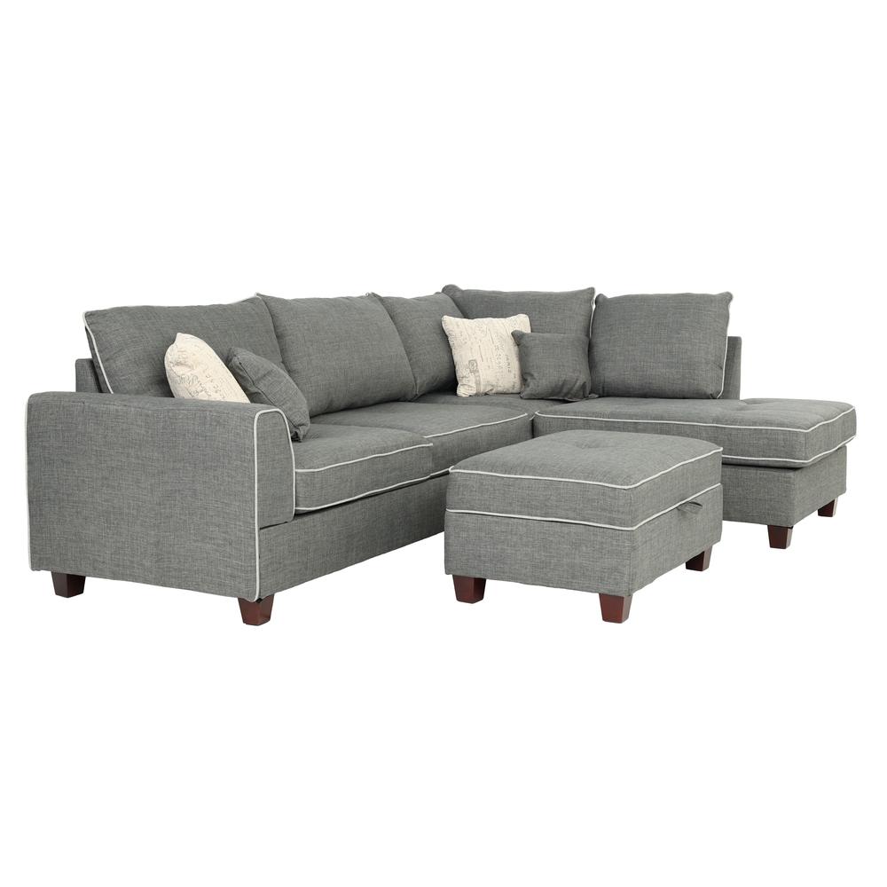 Poundex 3 Piece Fabric Sectional with Storage Ottoman in Steel Gray, 105" W x 75" D x 35" H , Package Weight 100. Picture 1