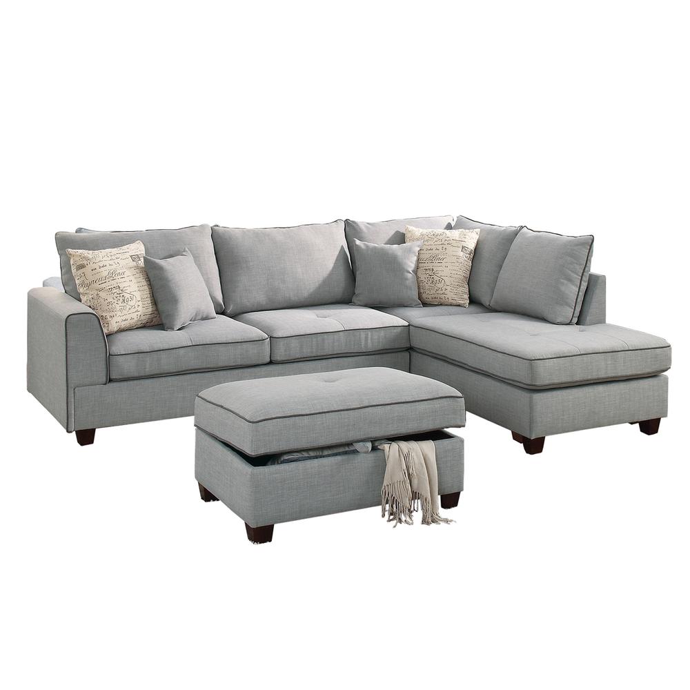 Poundex 3 Piece Fabric Sectional with Storage Ottoman in Light Gray, 105" W x 75" D x 35" H , Package Weight 100. Picture 2