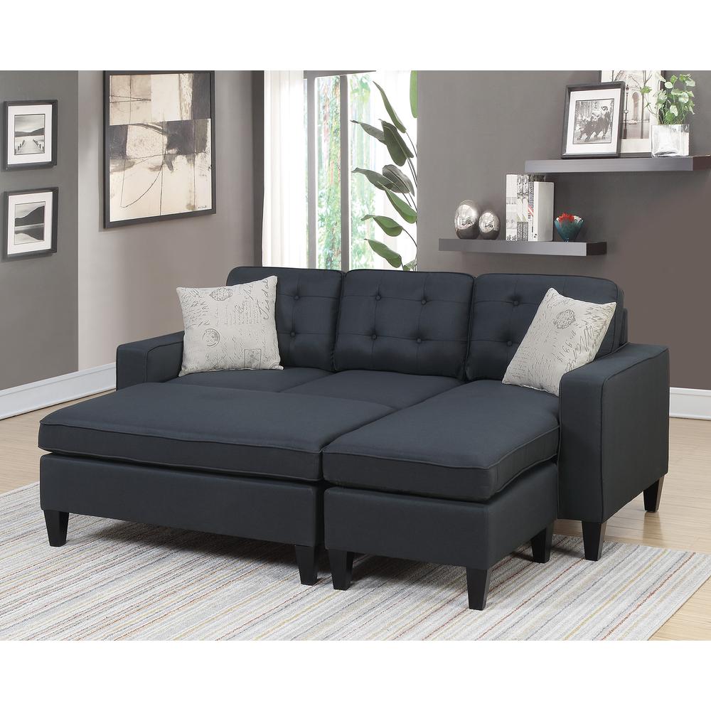 Poundex Reversible Chaise Sectional and Ottoman in Black Fabric, Reversible Sectional: 81" W x 60" D x 34" H ; Ottoman: 45" W x 26" D x 19" H, Package Weight 159. Picture 3
