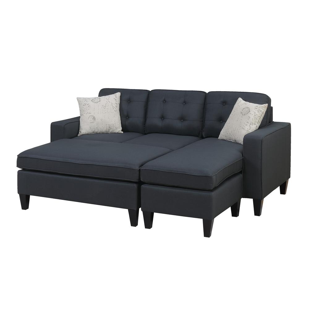 Poundex Reversible Chaise Sectional and Ottoman in Black Fabric, Reversible Sectional: 81" W x 60" D x 34" H ; Ottoman: 45" W x 26" D x 19" H, Package Weight 159. Picture 2