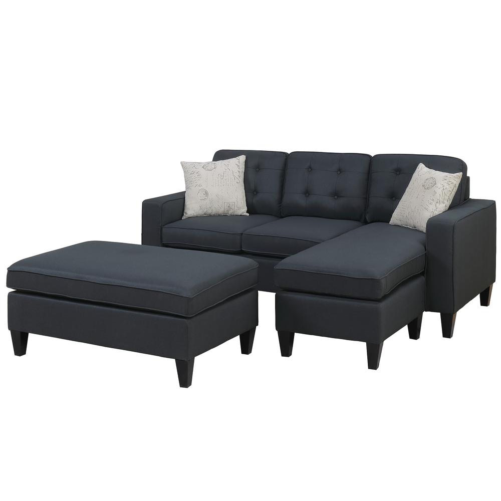 Poundex Reversible Chaise Sectional and Ottoman in Black Fabric, Reversible Sectional: 81" W x 60" D x 34" H ; Ottoman: 45" W x 26" D x 19" H, Package Weight 159. Picture 1