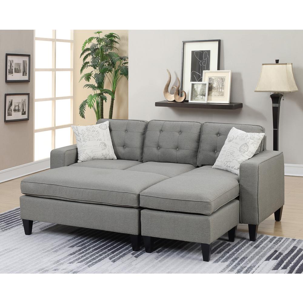 Poundex Reversible Chaise Sectional and Ottoman in Light Gray Fabric, Reversible Sectional: 81" W x 60" D x 34" H ; Ottoman: 45" W x 26" D x 19" H, Package Weight 159. Picture 3