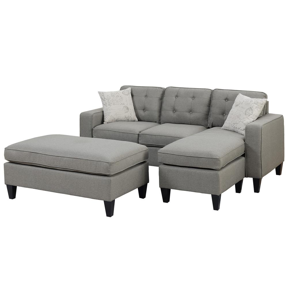 Poundex Reversible Chaise Sectional and Ottoman in Light Gray Fabric, Reversible Sectional: 81" W x 60" D x 34" H ; Ottoman: 45" W x 26" D x 19" H, Package Weight 159. Picture 1