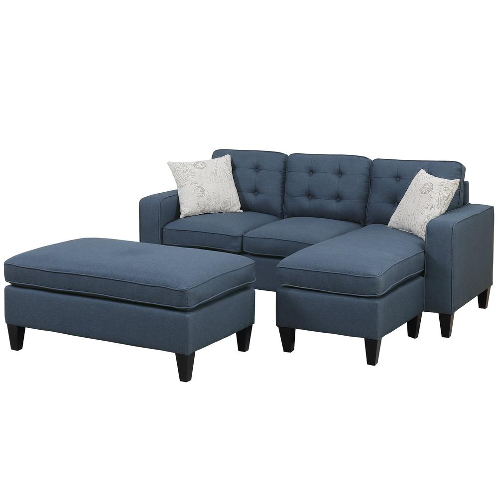 Poundex Reversible Chaise Sectional and Ottoman in Navy Fabric, Reversible Sectional: 81" W x 60" D x 34" H ; Ottoman: 45" W x 26" D x 19" H, Package Weight 159. Picture 1
