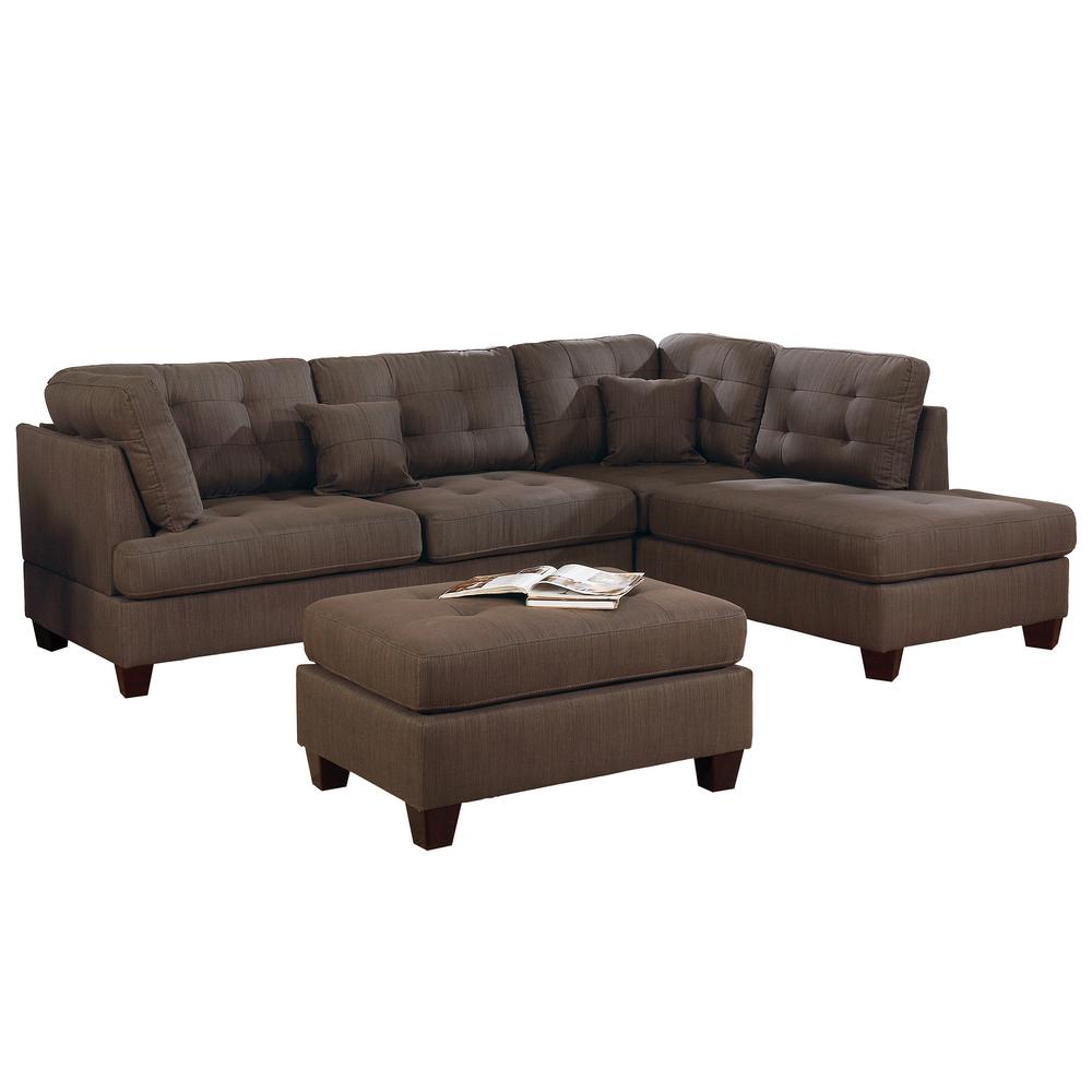 Poundex 3 Piece Fabric Sectional Set with Ottoman in Black Coffee, 104" W x 75" D x 35" H, Package Weight 94. Picture 1