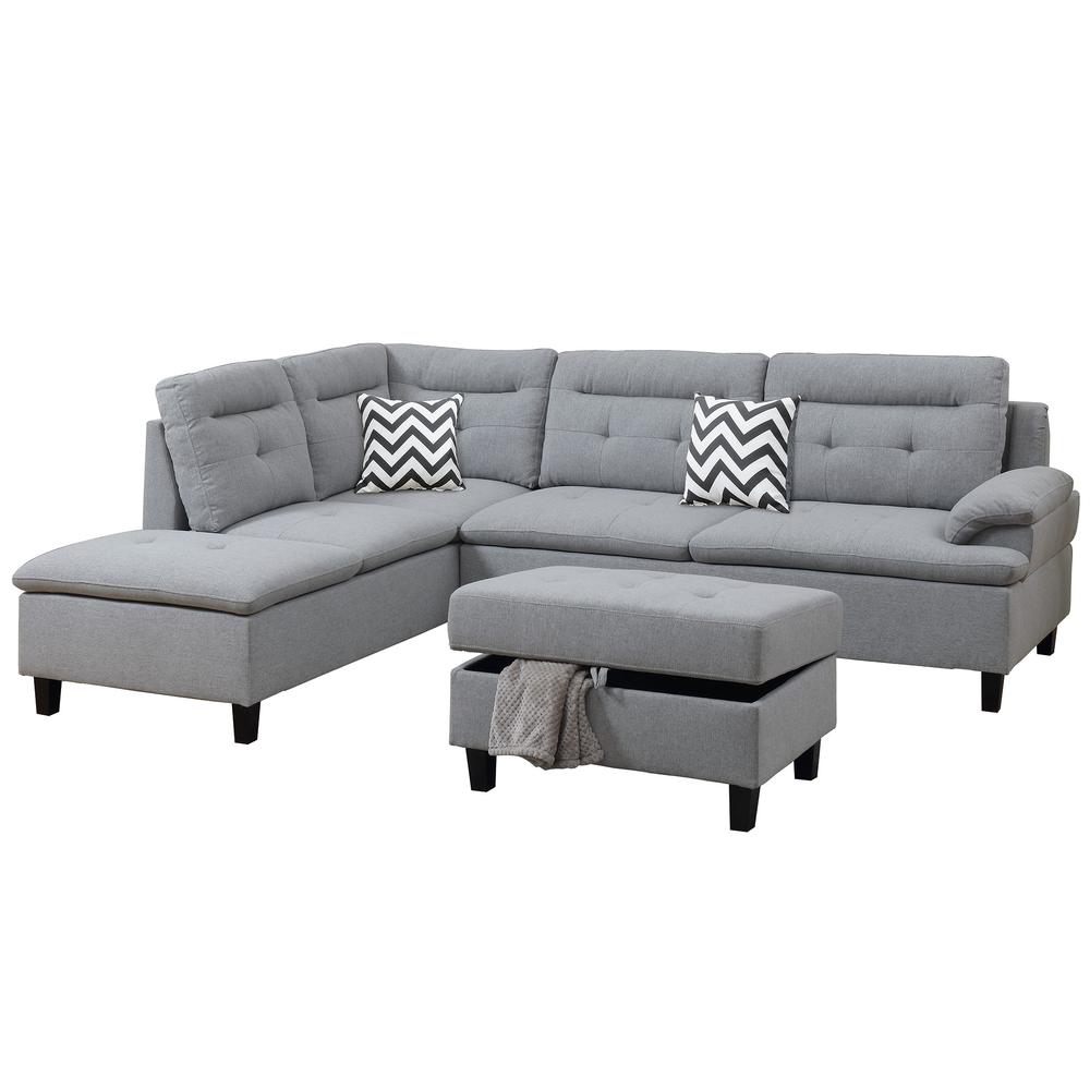Poundex 3 Piece Fabric Sectional Set with Storage Ottoman in Gray, 105" W x 77" D x 37" H, Package Weight 96. Picture 1