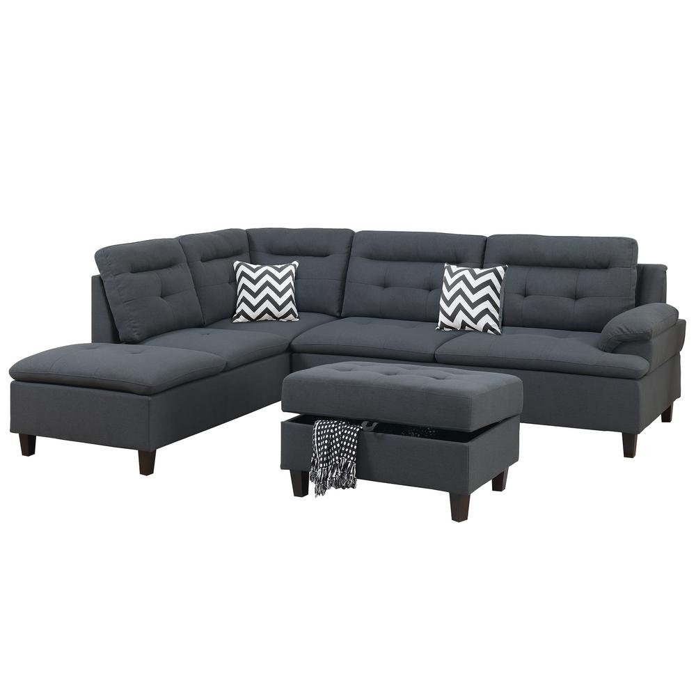 Poundex 3 Piece Fabric Sectional Set with Storage Ottoman in Charcoal Gray, 105" W x 77" D x 37" H, Package Weight 96. Picture 1