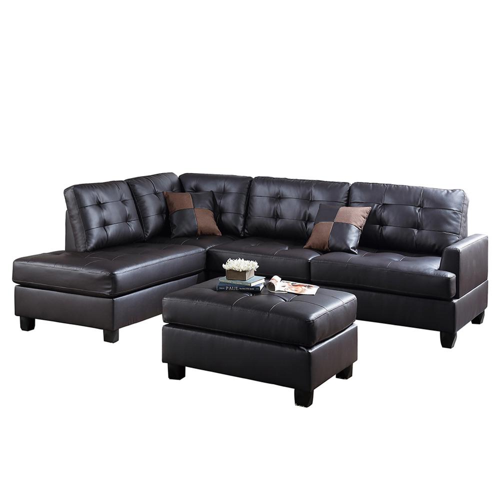 Poundex 3 Piece Faux Leather Sectional Set with Ottoman in Espresso, 104" W x 75" D x 35" H, Package Weight 95. Picture 1