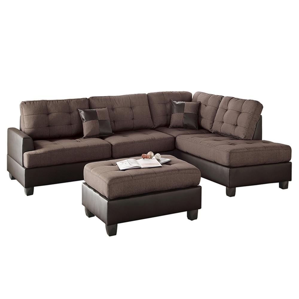 Poundex 3 Piece Fabric Sectional Set with Ottoman in Chocolate Color, 104" W x 75" D x 35" H, Package Weight 96. Picture 1
