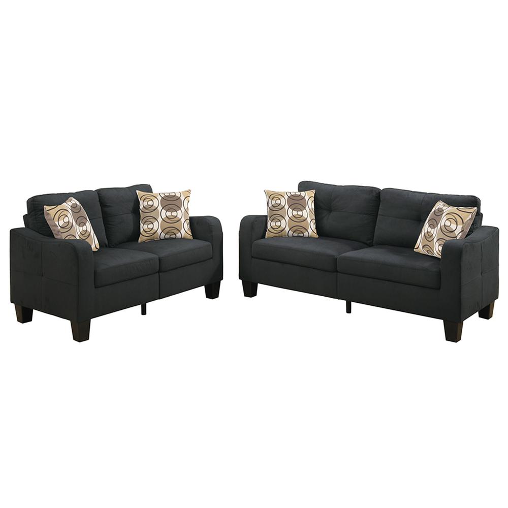 Poundex 2 Piece Sofa and Loveseat Set in Black Fabric, Sofa 72" W x 32" D x 35" H, Loveseat 58" W x 32" D x 35" H, Package Weight 88. Picture 1