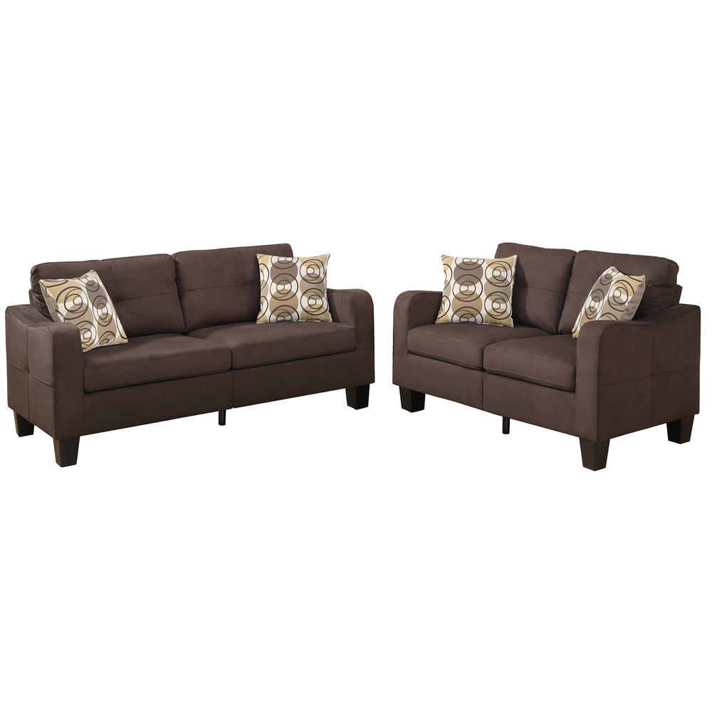 Poundex 2 Piece Sofa and Loveseat Set in Chocolate Fabric, Sofa 72" W x 32" D x 35" H, Loveseat 58" W x 32" D x 35" H, Package Weight 88. Picture 1