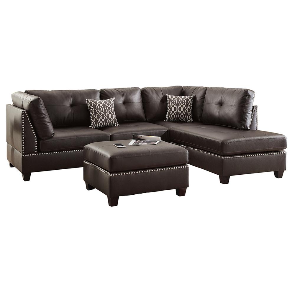 Poundex 3 Piece Faux Leather Sectional Set with Ottoman in Espresso, 104" W x 75" D x 35" H, Package Weight 108. Picture 1