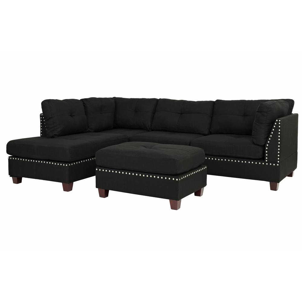 Poundex 3 Piece Fabric Sectional Set with Ottoman in Black, 104" W x 75" D x 35" H, Package Weight 108. Picture 4