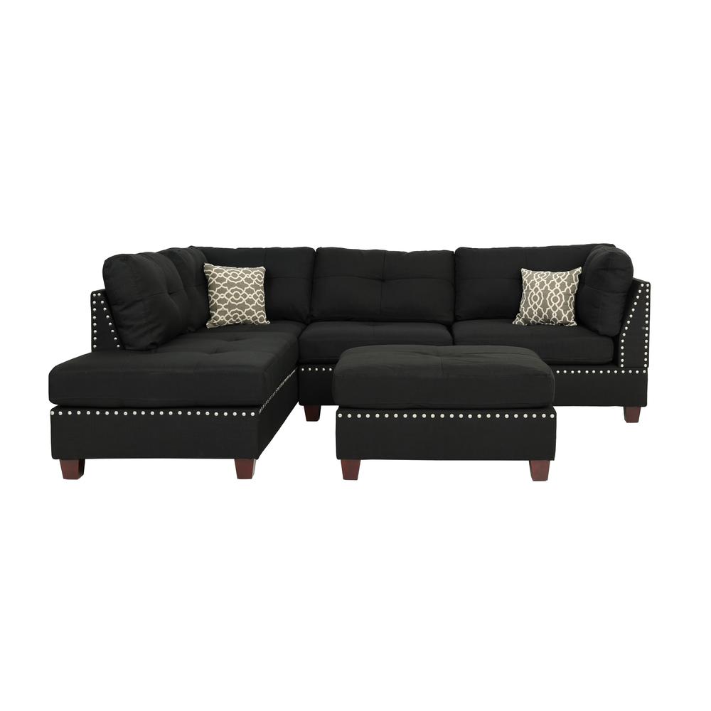Poundex 3 Piece Fabric Sectional Set with Ottoman in Black, 104" W x 75" D x 35" H, Package Weight 108. Picture 1
