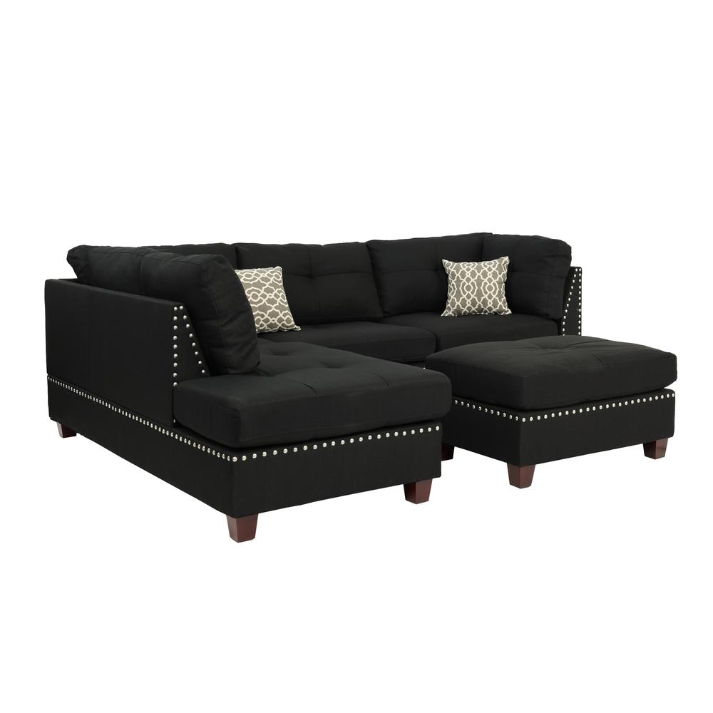 Poundex 3 Piece Fabric Sectional Set with Ottoman in Black, 104" W x 75" D x 35" H, Package Weight 108. Picture 2