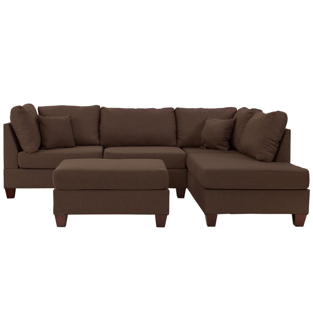 Poundex 3 Piece Fabric Sectional Set with Ottoman in Chocolate, 104" W x 75" D x 35" H, Package Weight 87. Picture 2