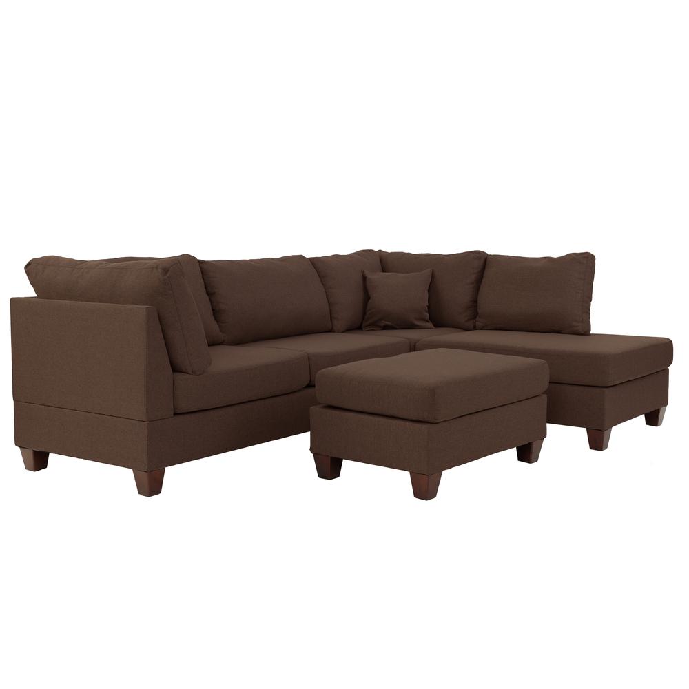 Poundex 3 Piece Fabric Sectional Set with Ottoman in Chocolate, 104" W x 75" D x 35" H, Package Weight 87. Picture 1