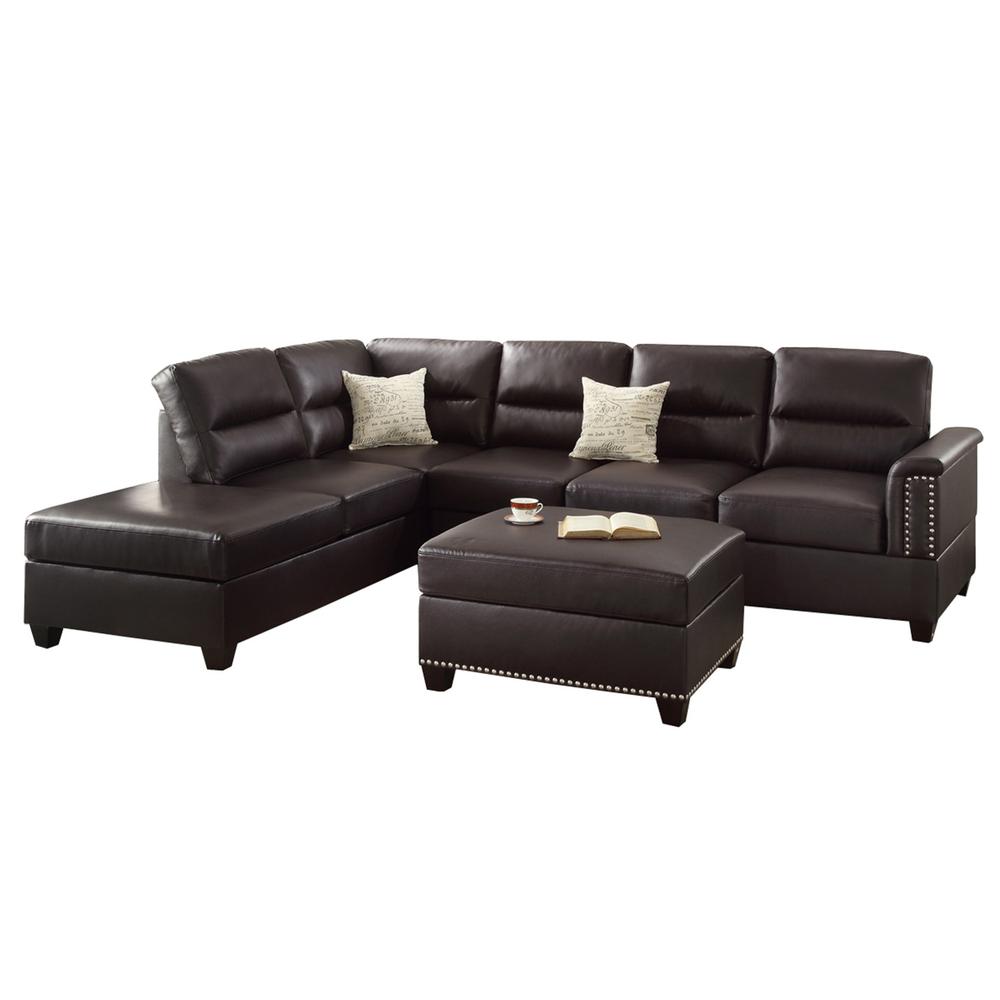 Poundex 3 Piece Faux Leather Sectional Set with Ottoman in Espresso, 112" W x 84" D x 35" H, Package Weight 107. The main picture.