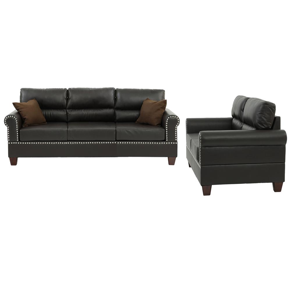 Poundex 2 Piece Sofa and Loveseat Set in Espresso Faux Leather. Picture 1