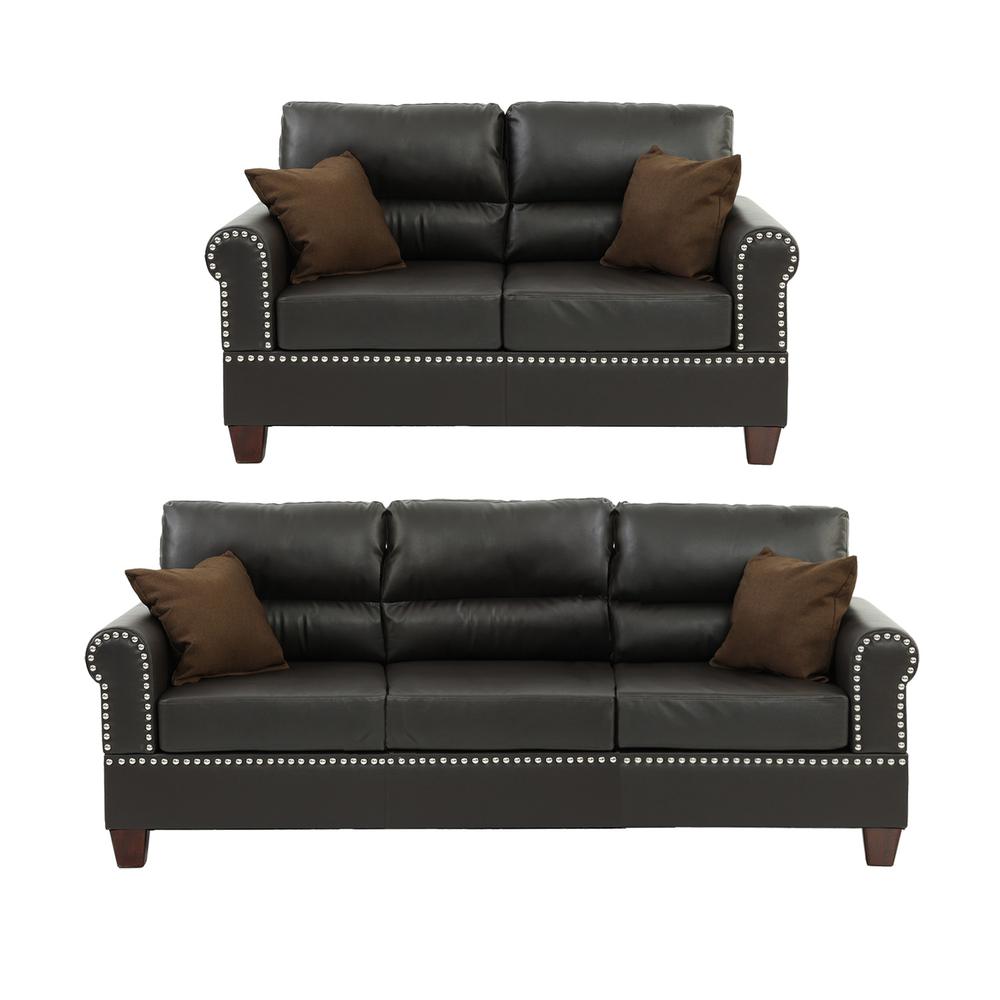 Poundex 2 Piece Sofa and Loveseat Set in Espresso Faux Leather. Picture 3