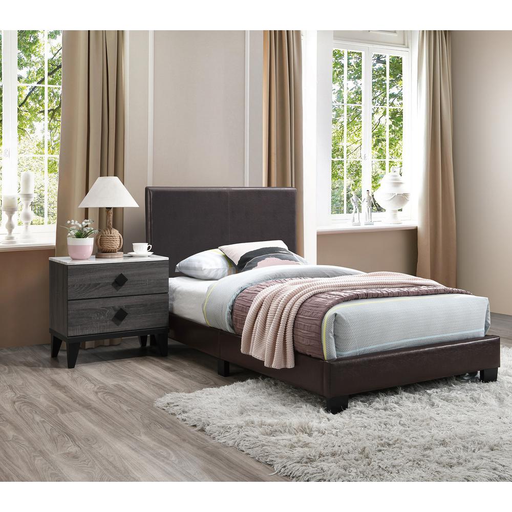 Poundex Twin Upholstered Bed Frame with Slats in Brown Faux Leather, Headboard, 84" L x 42" W x 43" H , Package Weight 56. Picture 4
